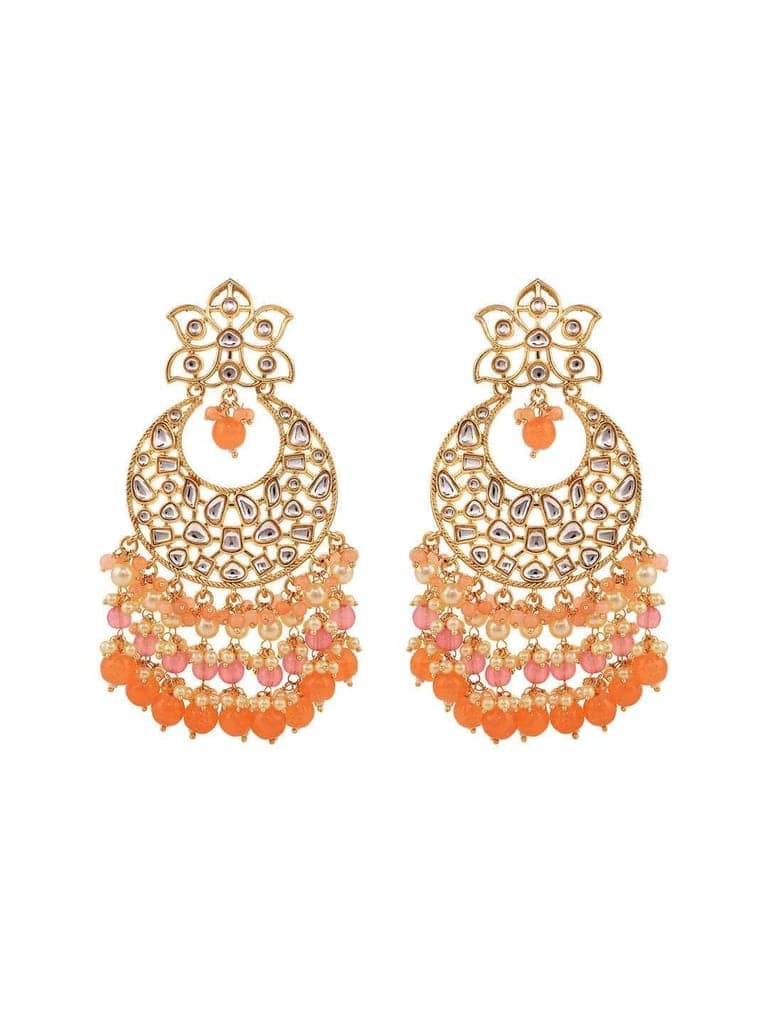 Gold Plated Orange Kundan studded & Beadded modern Chandballi Earrings view 2