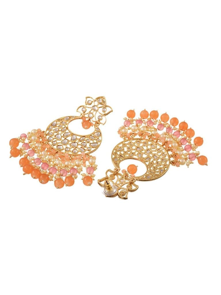 Gold Plated Orange Kundan studded & Beadded modern Chandballi Earrings view 3
