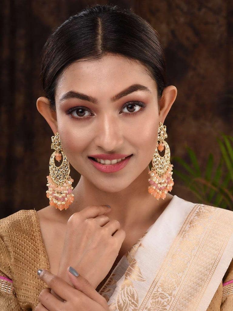 Gold Plated Orange Kundan studded & Beadded modern Chandballi Earrings view 4