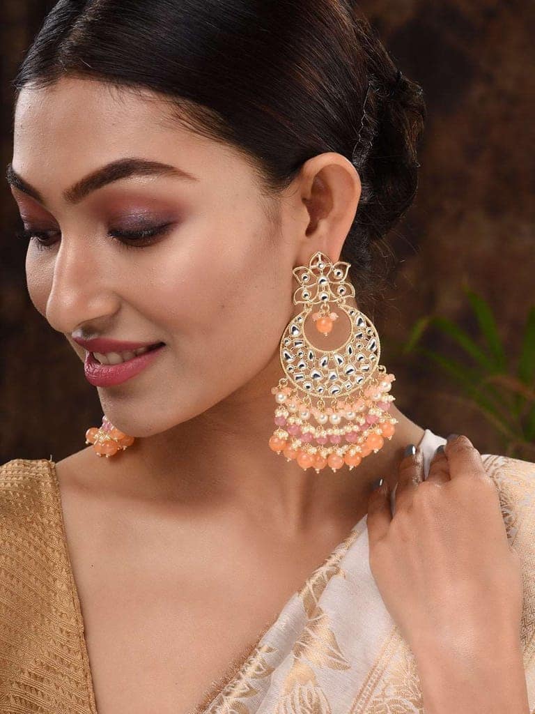 Gold Plated Orange Kundan studded & Beadded modern Chandballi Earrings view 5