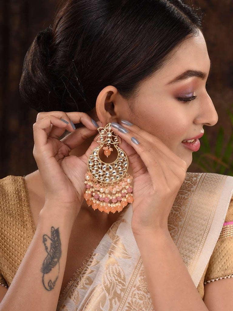 Gold Plated Orange Kundan studded & Beadded modern Chandballi Earrings view 6
