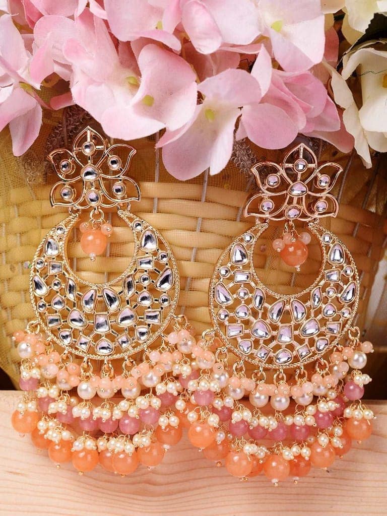 Gold Plated Orange Kundan studded & Beadded modern Chandballi Earrings view 7