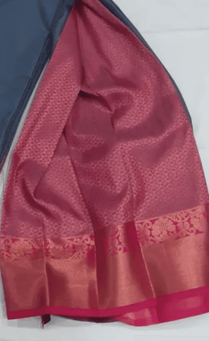 Women Semi Pattu Saree Silk Blend Saree boder butta , grey color saree with pink color pallu and blouse view 2