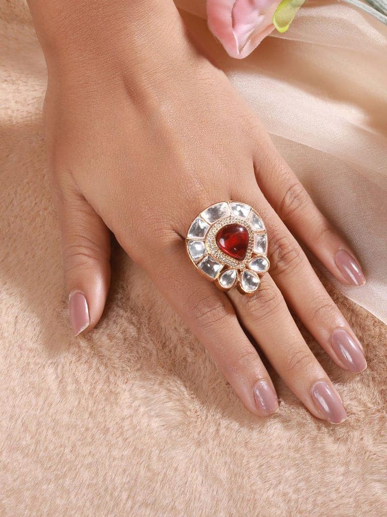 Gold Toned Red Polki Kundan Luxe Adjustable Engagement Finger Ring view 2
