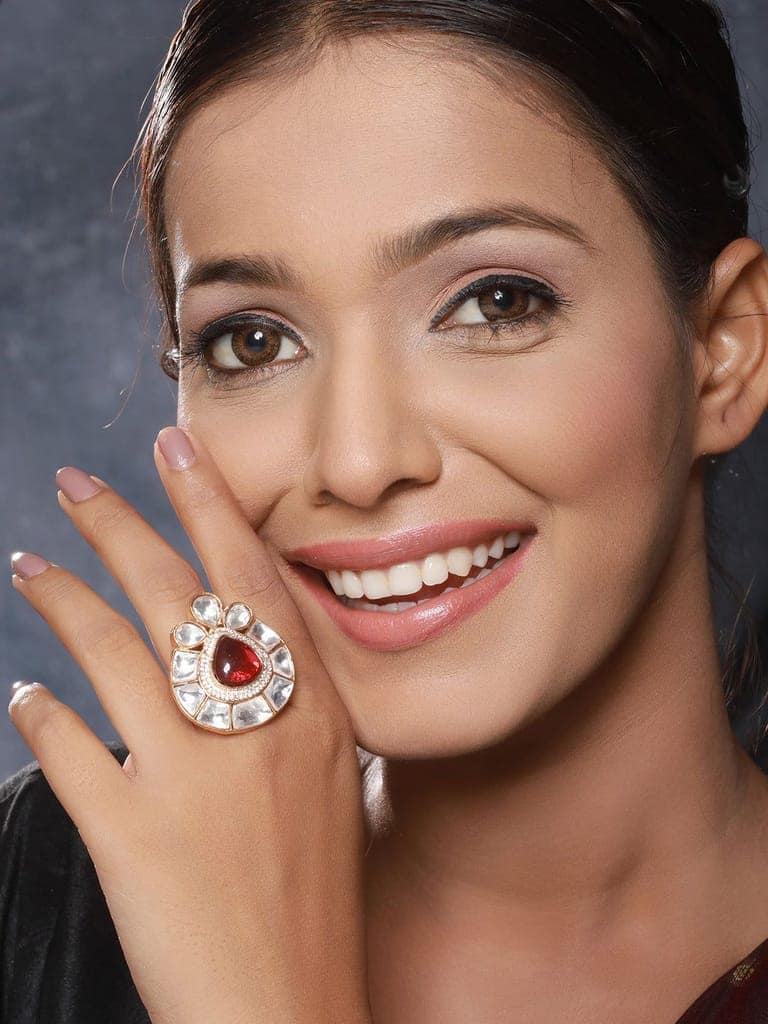 Gold Toned Red Polki Kundan Luxe Adjustable Engagement Finger Ring view 3