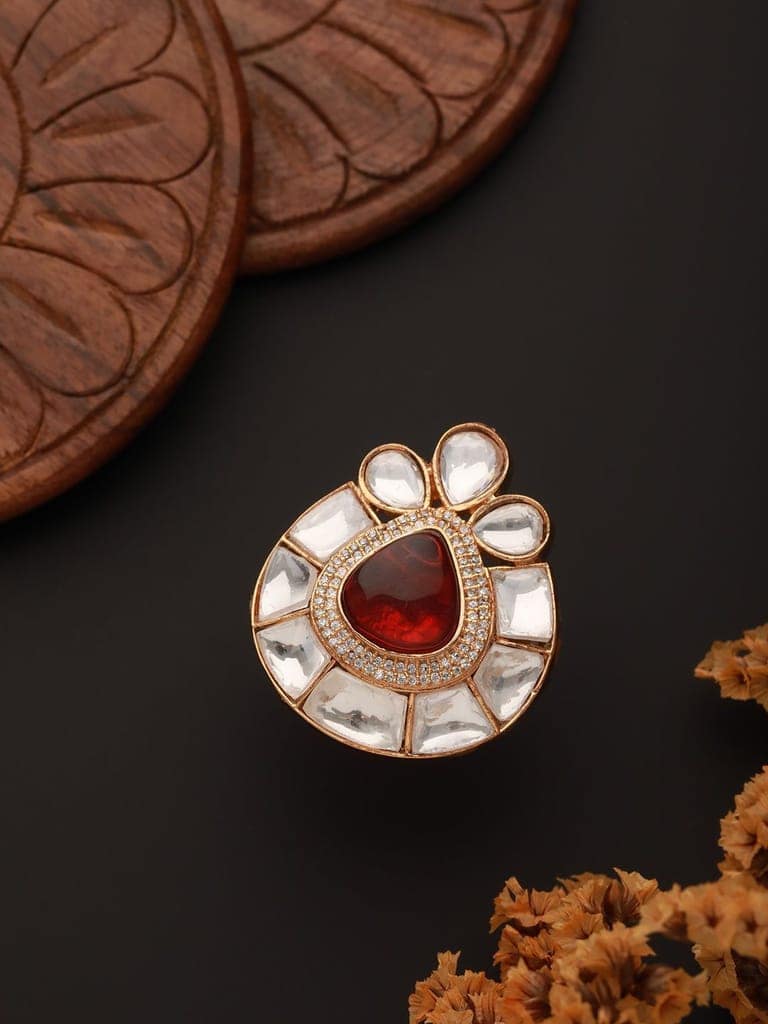 Gold Toned Red Polki Kundan Luxe Adjustable Engagement Finger Ring view 4
