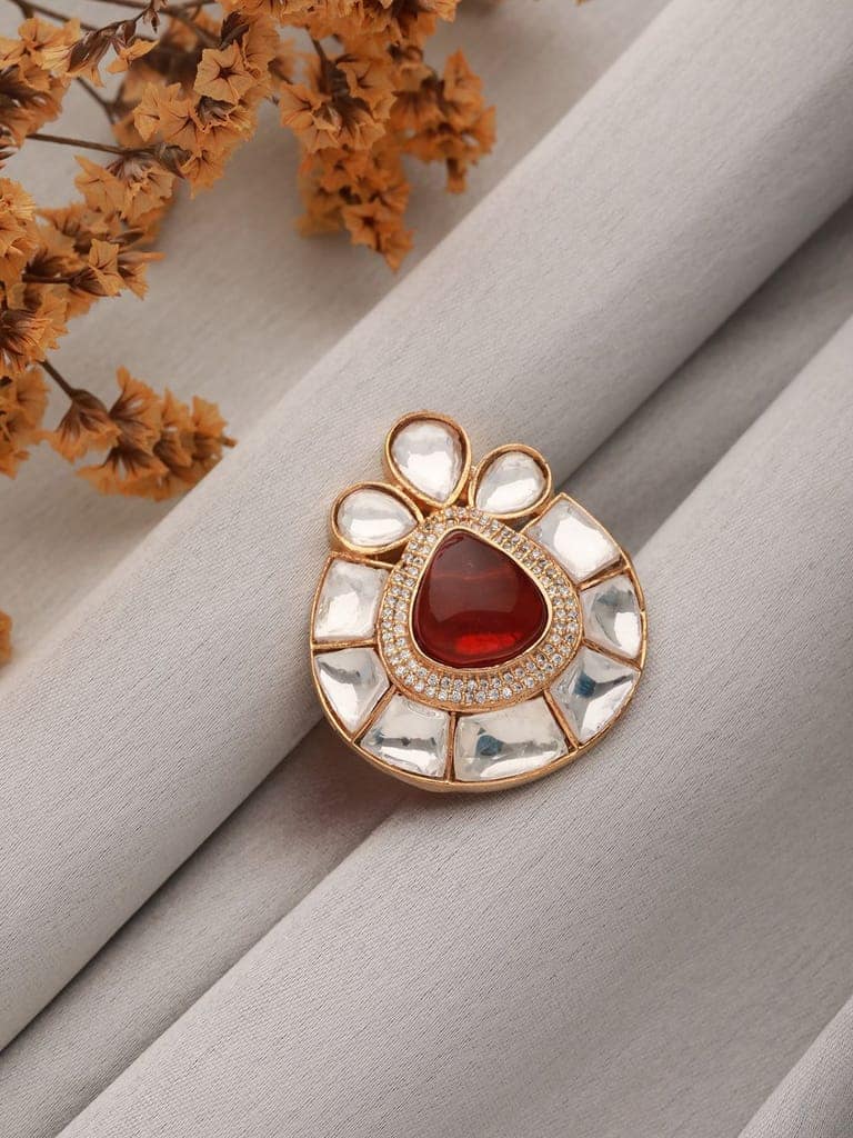Gold Toned Red Polki Kundan Luxe Adjustable Engagement Finger Ring view 5