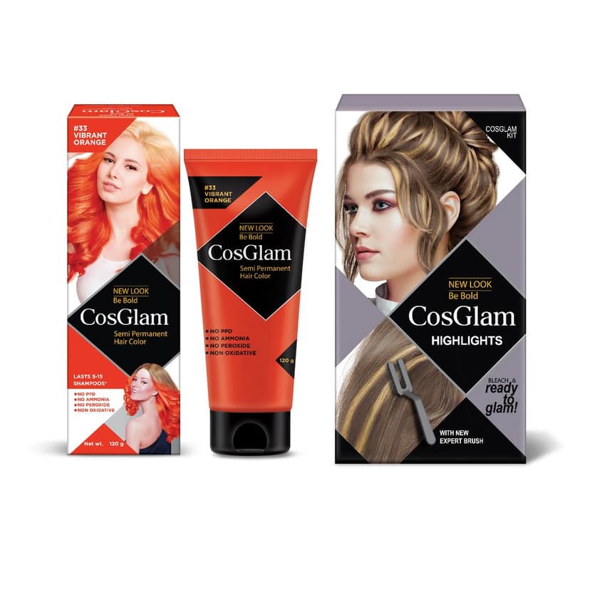 COSGLAM Semi Permanent Hair Color Vibrant Orange 120g and Hair Highlighter Kit 115g, Highlights Hair Dye