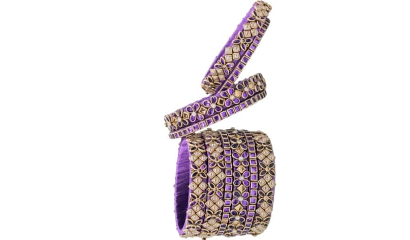 Purple Silk Thread Bangle Set with Kundan and Pearl Embellishment view 2