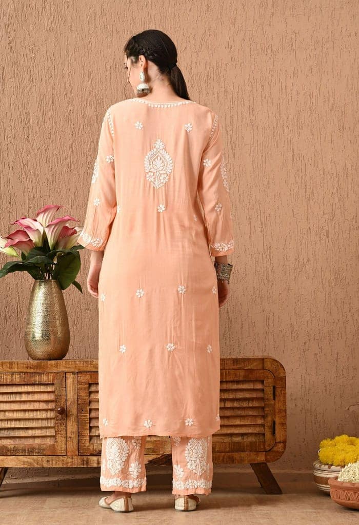 Pure Chikankari Hand Embroidered (3D) Work on Modal Fabric - Peach view 7