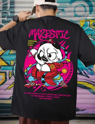 Scott Fincher Oversized Black T-shirt with a cartoon panda wearing a hat and sunglasses : AA(ARN)BLACK_125