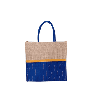 Blue and Brown Jute Tote Bag with Geometric Print