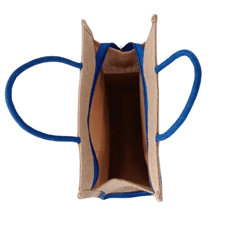 Blue and Brown Jute Tote Bag with Geometric Print view 3
