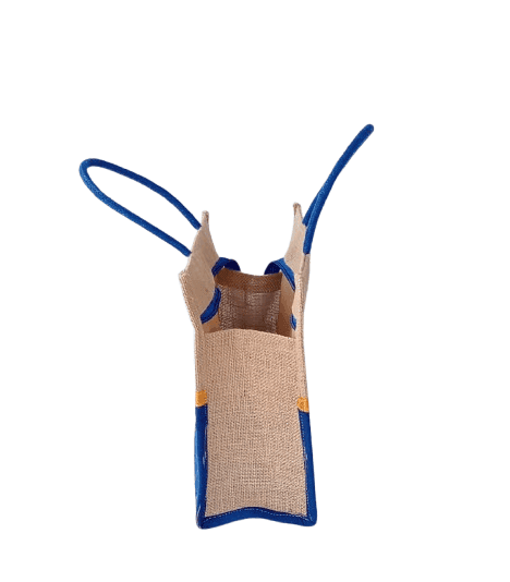 Blue and Brown Jute Tote Bag with Geometric Print view 4