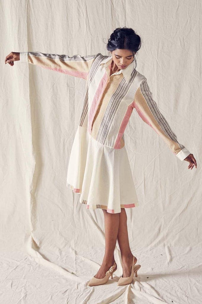 Panelled Shirt Dress With Full Sleeves In Red And Off White Checks Cotton Khadi Mulmul And Organic Cotton view 2