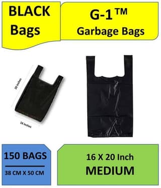 G-1 - Garbage Bags with Handle Medium Black | 5 Packs | 150 Pcs | Dustbin Trash Waste Dustbin Disposable Covers - Size 16 X 20 inch