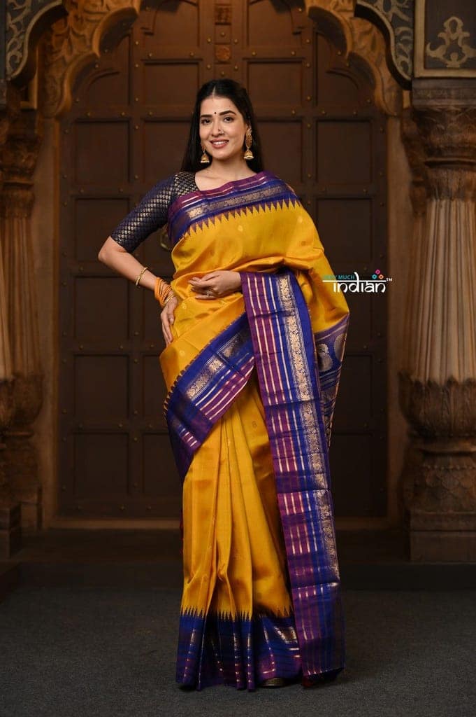 Parampara~ Gadwal Pure Silk Handloom Saree in Mustard Yellow with Royal Blue Border