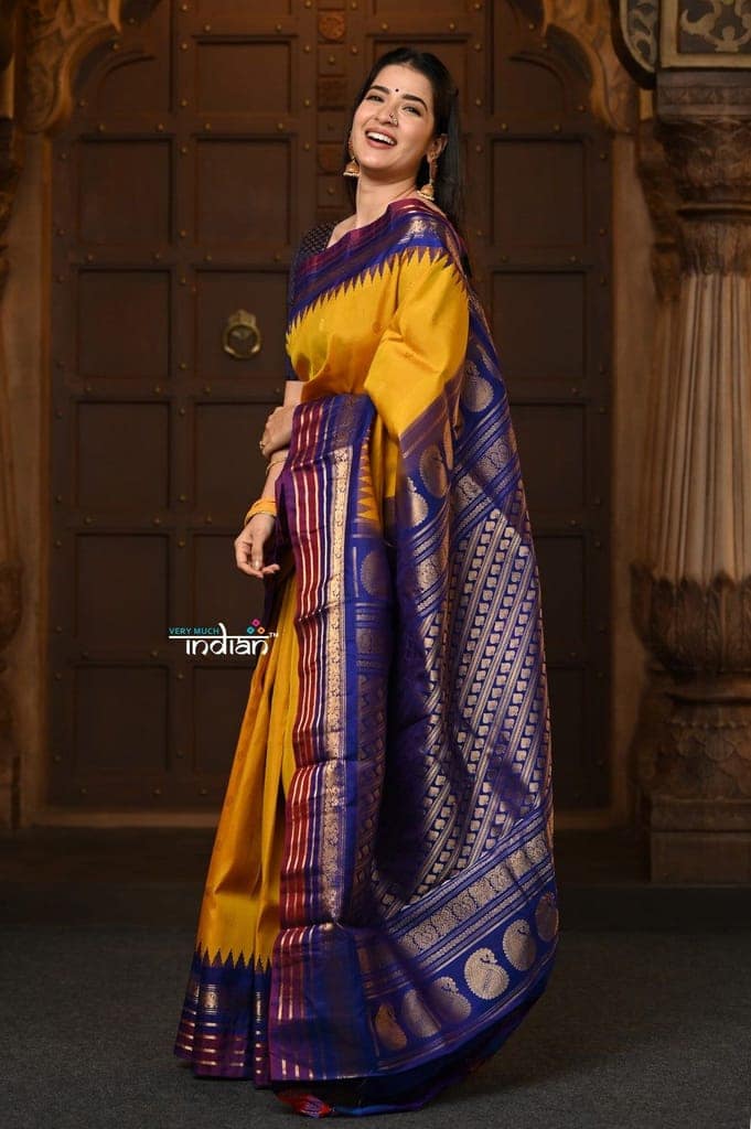 Parampara~ Gadwal Pure Silk Handloom Saree in Mustard Yellow with Royal Blue Border view 2