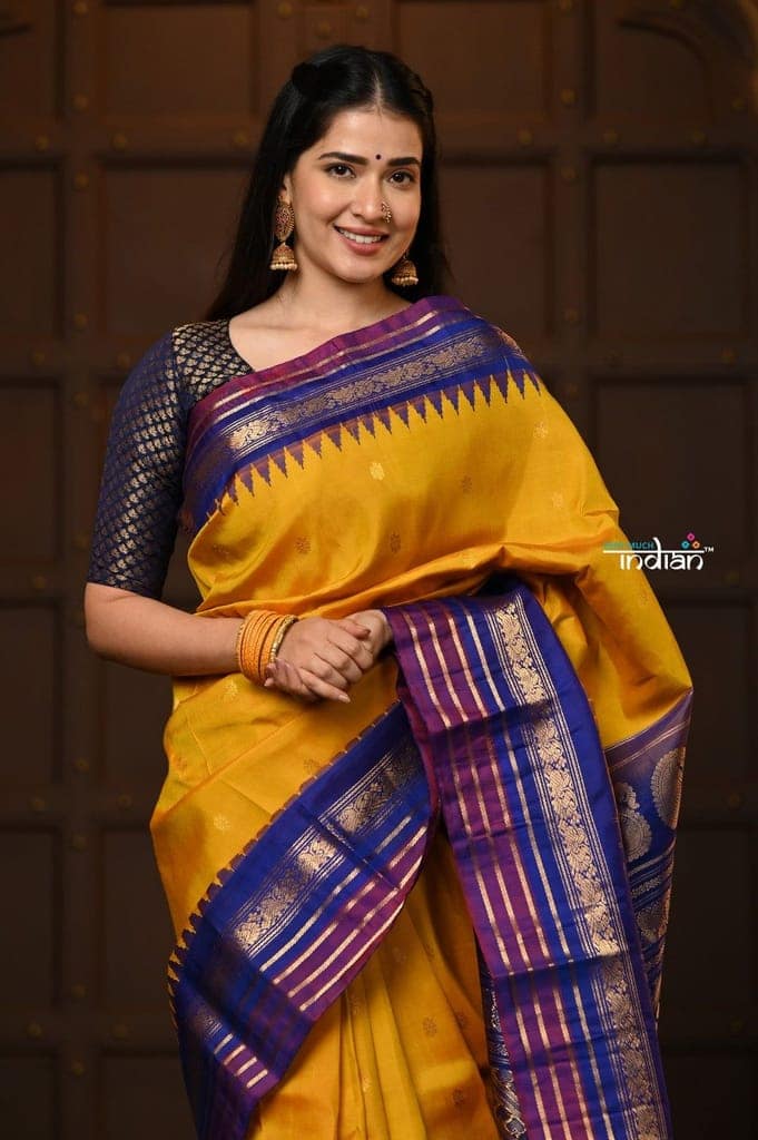 Parampara~ Gadwal Pure Silk Handloom Saree in Mustard Yellow with Royal Blue Border view 4