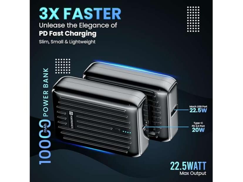 Portronics Zapcell 10K 10K Power Bank, 22.5W High-Speed Charging, Dual Output Ports, LED Battery Indicator - Black view 3