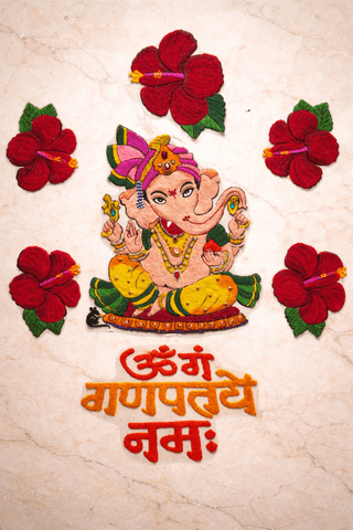 Madhura’s Creations Ganpati Rangoli Combo Set | 1 Ganesh Ji + 5 Red Hibiscus Flowers + 1 Auspicious Patti | Real Rangoli Colours | On Plastic Sheet | Reusable Festive Decor