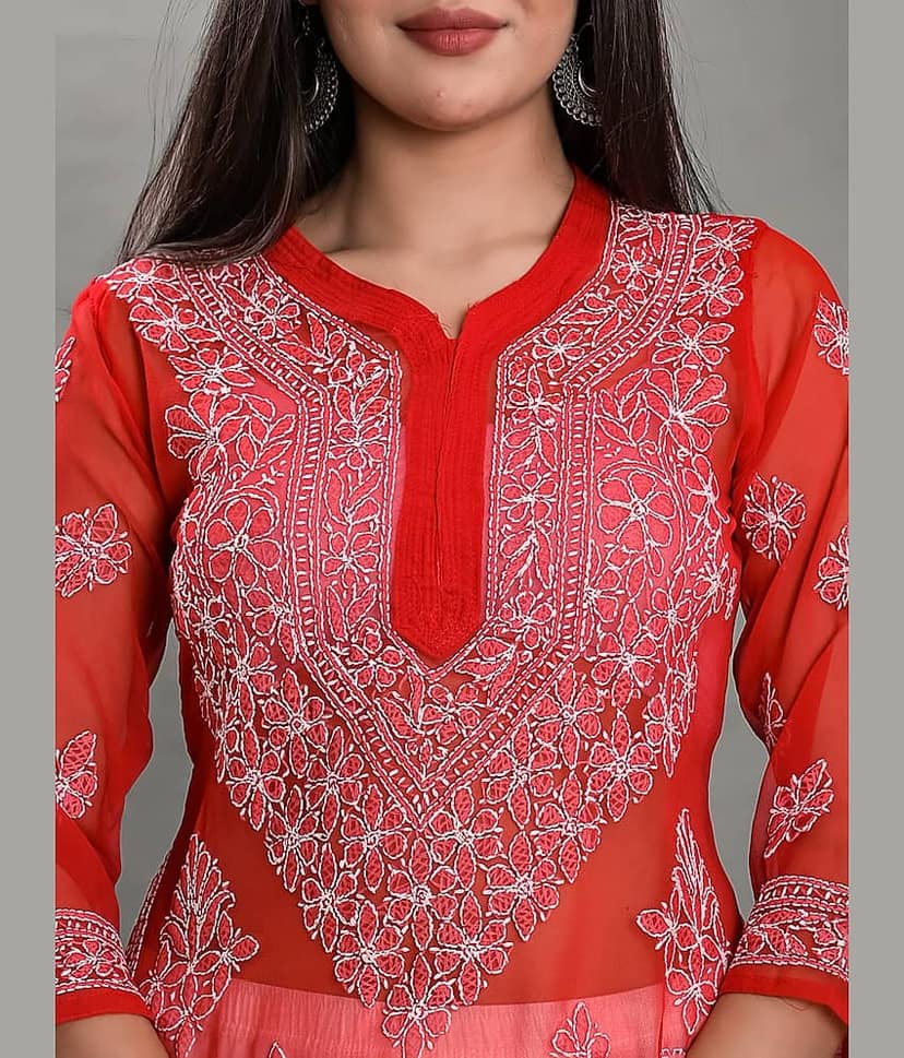 Apratim - Red Georgette Women's Straight Kurti ( Pack of 1 ) view 2
