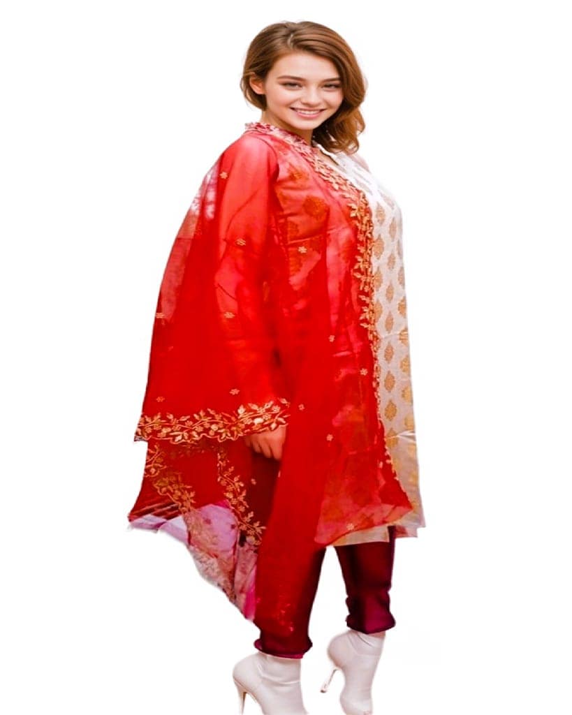 MyCOST Zari Weave Jacquard Festival wear Kurta Pant Dupatta Set, Sleeves attached view 4