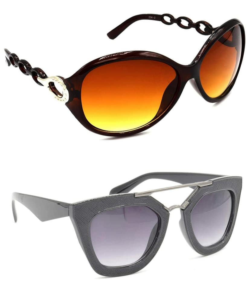 HRINKAR Unisex Round Sunglasses Brown & Black Frame, Brown & Grey Lens (Medium) - Pack of 2