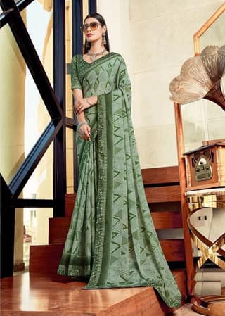 Digital Printed Georgette Saree in Green
