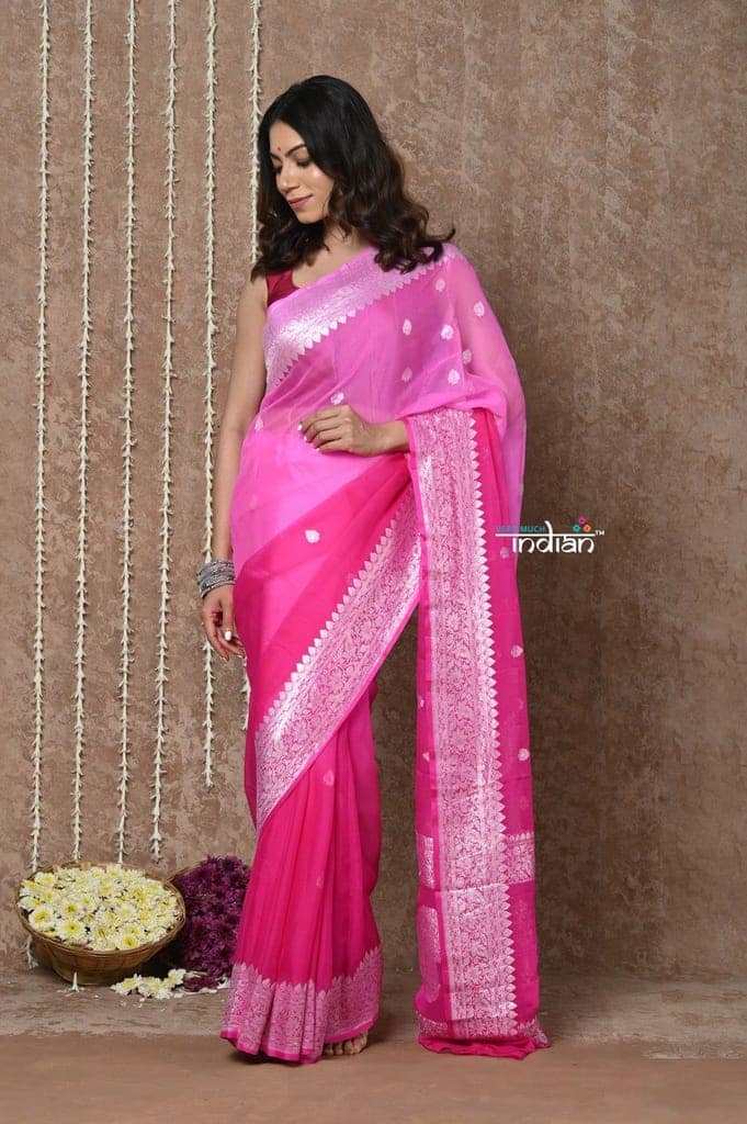 Handloom Khaddi Georgette Saree With Sleek Border ~ Ombre Pink (Silk Mark) view 2
