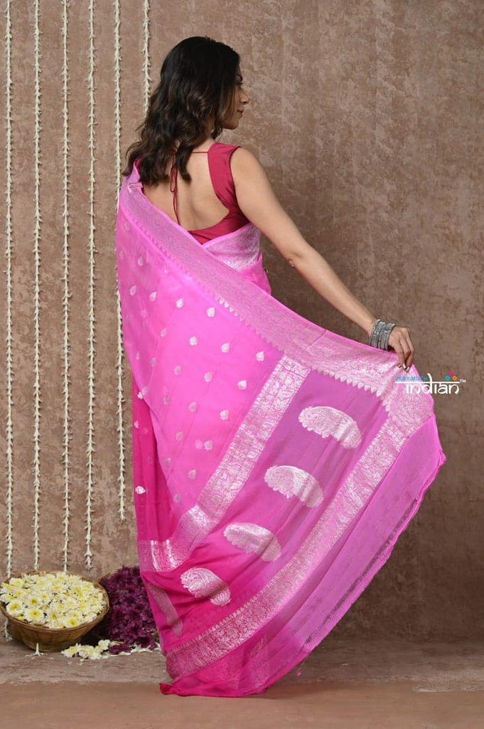 Handloom Khaddi Georgette Saree With Sleek Border ~ Ombre Pink (Silk Mark) view 4