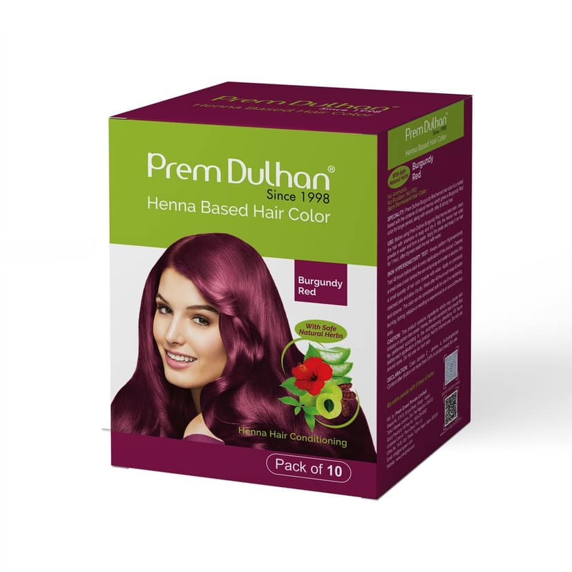 Prem Dulhan Burgundy Henna Hair Color | Herbal Hair Color Powder | Ammonia-Free, Paraben-Free | Long Lasting Grey Coverage | Natural Shine | Pack of 10 Sachets view 4