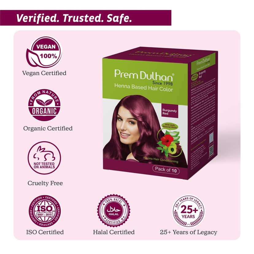 Prem Dulhan Burgundy Henna Hair Color | Herbal Hair Color Powder | Ammonia-Free, Paraben-Free | Long Lasting Grey Coverage | Natural Shine | Pack of 10 Sachets view 5