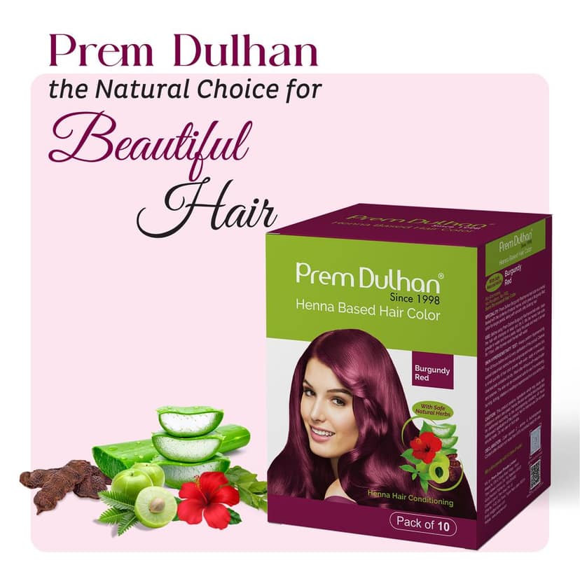 Prem Dulhan Burgundy Henna Hair Color | Herbal Hair Color Powder | Ammonia-Free, Paraben-Free | Long Lasting Grey Coverage | Natural Shine | Pack of 10 Sachets view 6