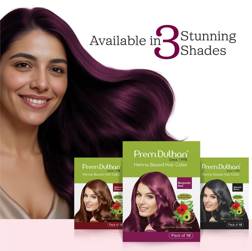 Prem Dulhan Burgundy Henna Hair Color | Herbal Hair Color Powder | Ammonia-Free, Paraben-Free | Long Lasting Grey Coverage | Natural Shine | Pack of 10 Sachets view 8