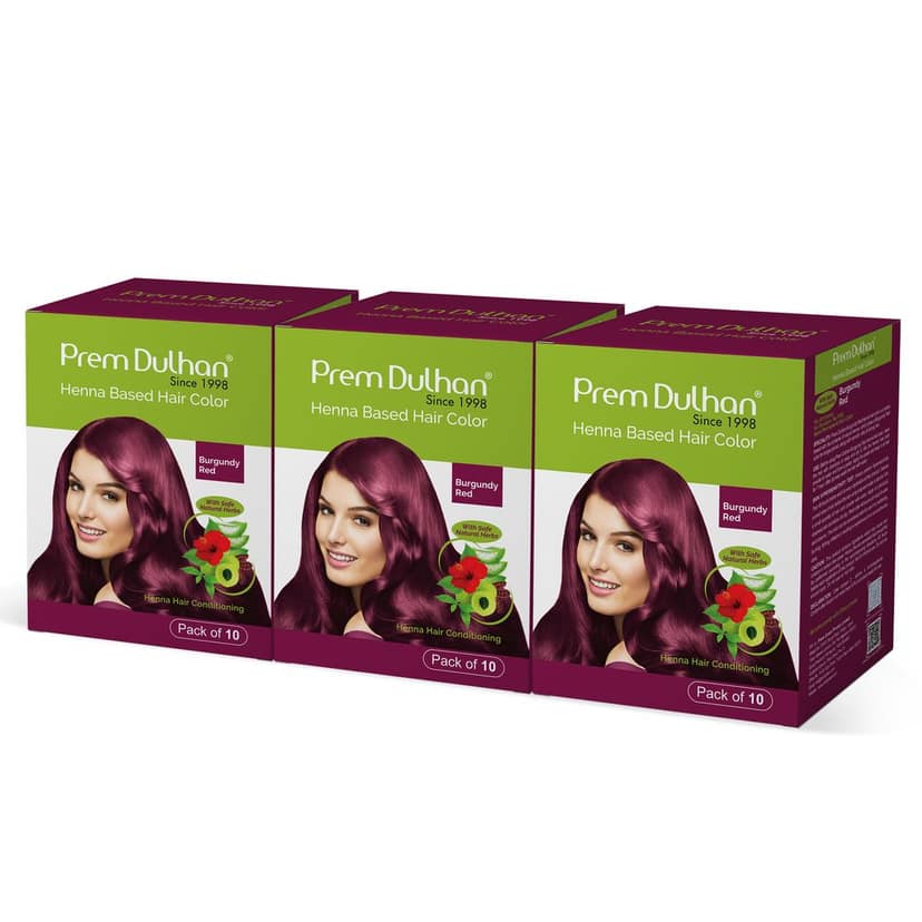 Prem Dulhan Burgundy Henna Hair Color | Herbal Hair Color Powder | Ammonia-Free, Paraben-Free | Long Lasting Grey Coverage | Natural Shine | Pack of 10 Sachets view 9