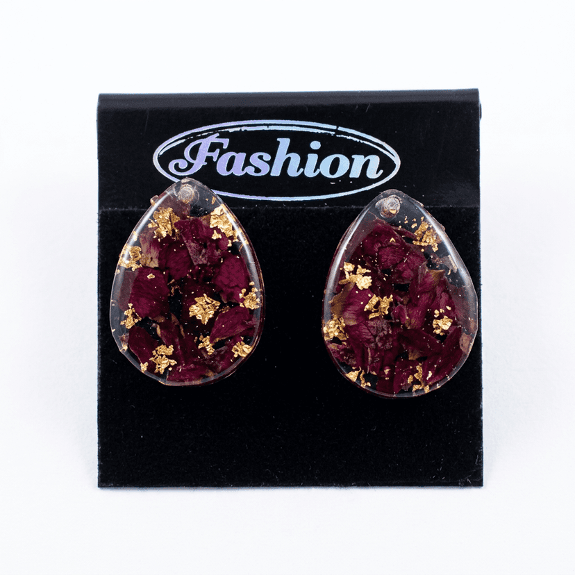 Handmade Rose Petal & Gold Flake Resin Teardrop Stud Earrings view 2