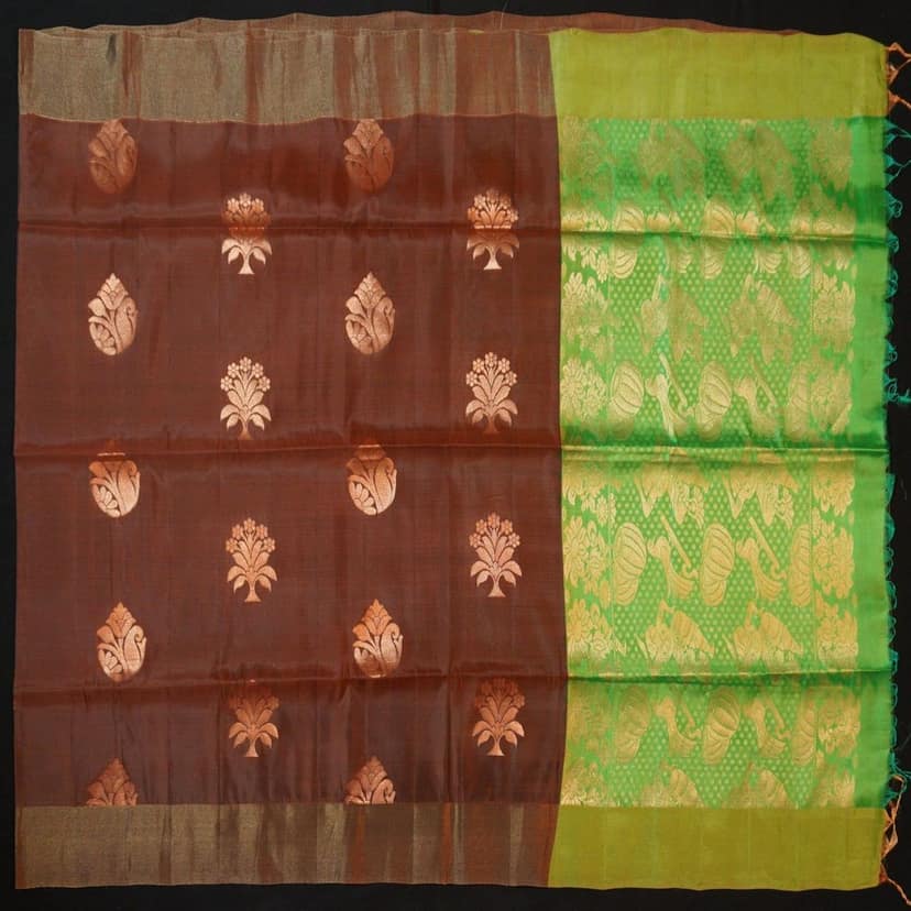 Chocolate Brown Kanchipuram Soft Silk Saree with Green Pallu view 3