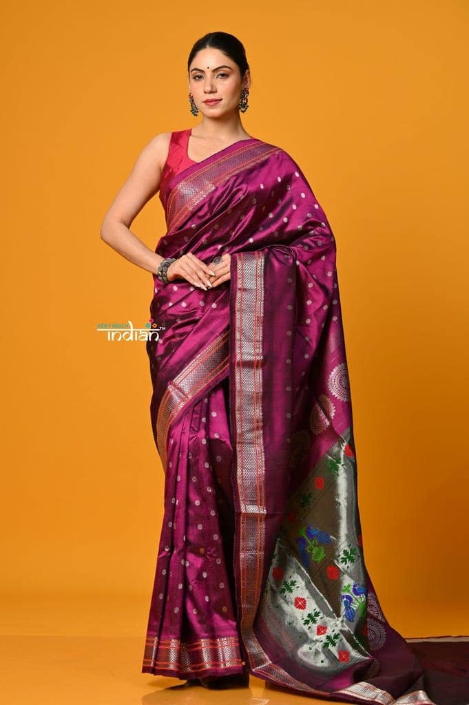 Param Sundari EXCLUSIVE~ Regal Allure – Handloom Pure Silk Wine Maharani Paithani Saree with Silver Zari view 3