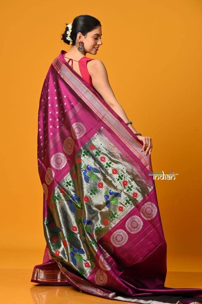 Param Sundari EXCLUSIVE~ Regal Allure – Handloom Pure Silk Wine Maharani Paithani Saree with Silver Zari view 4