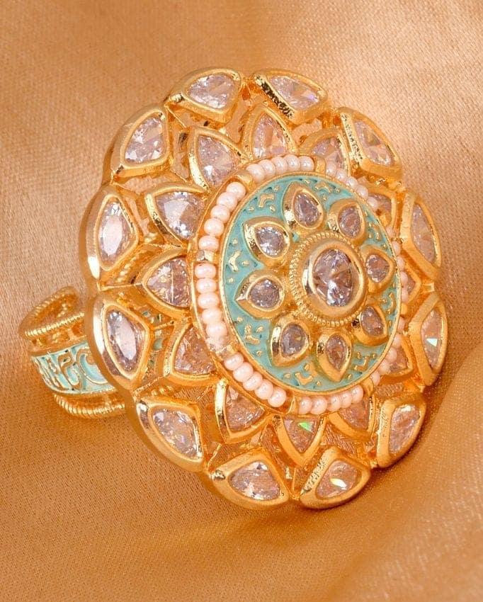 Gold plated Mint AD studded handcrafted adjustable Revolving Ring for Women & Girls view 2