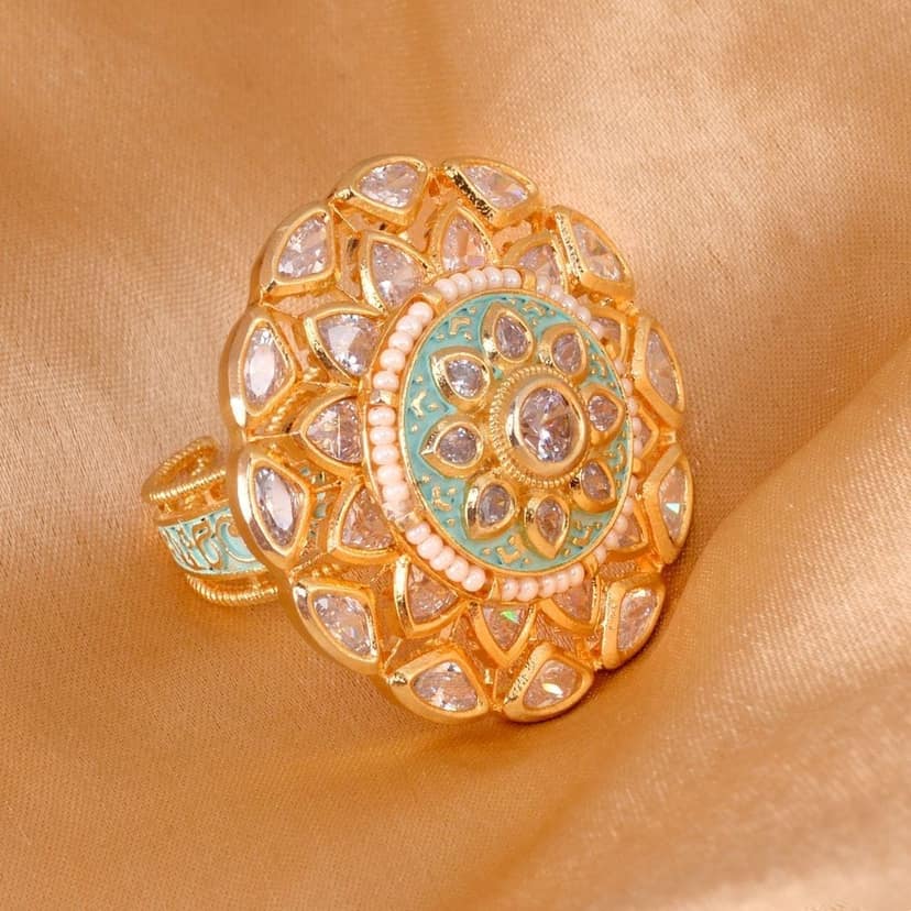 Gold plated Mint AD studded handcrafted adjustable Revolving Ring for Women & Girls view 7