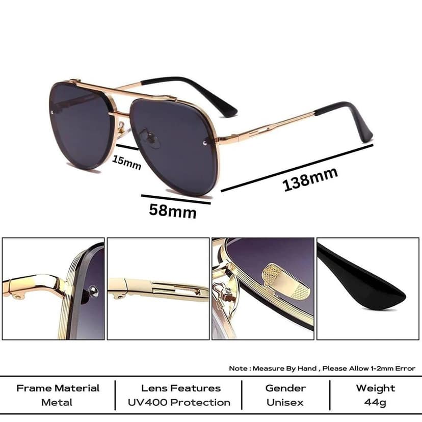 4Flaunt Rimless Aviator Stylish Trending & Latest Vintage Pilot Metal Body Sunglasses For Men And Women | 100% UV Protected (L, C5 - Gold Frame/Black Lenses) view 5