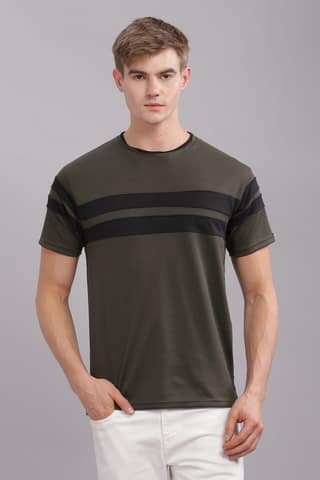 Men Striped Round Neck Polyester Grey T-Shirt
