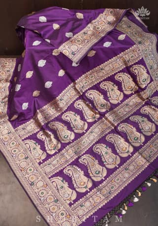 Double Meenakari Pallu, Jamuni Purple Pure Banarasi Katan Silk Handwoven saree | SILK MARK CERTIFIED