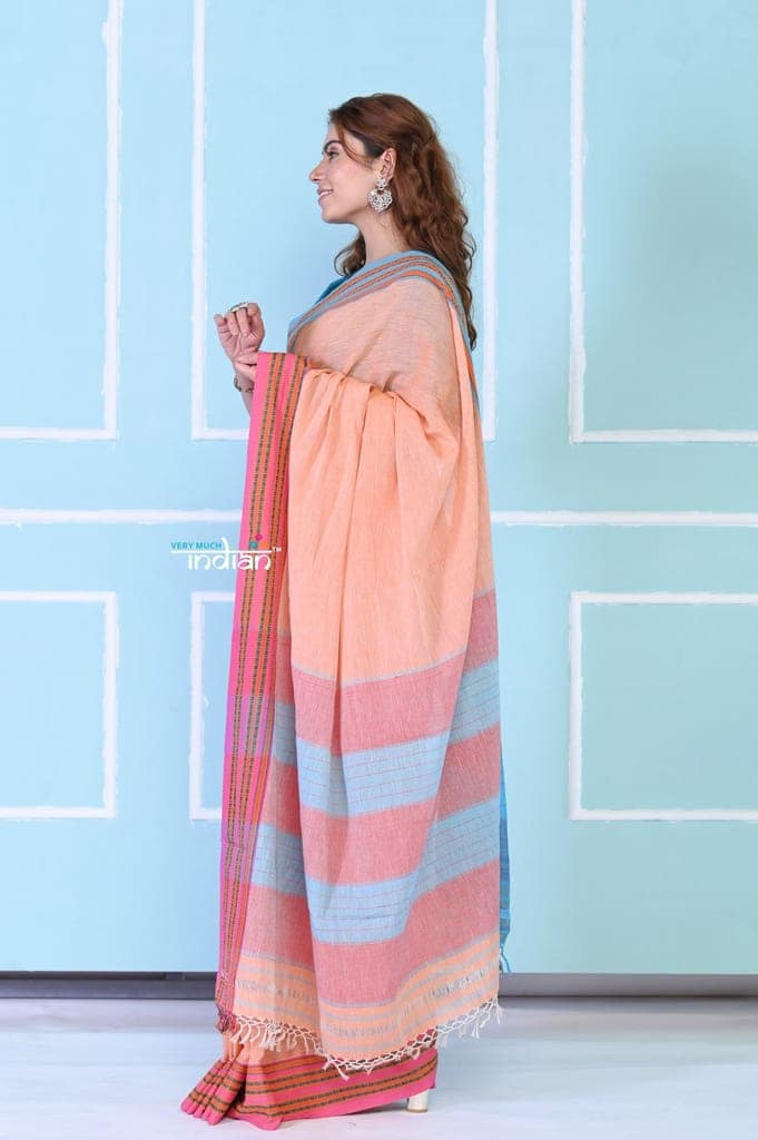 Traditional Patteda Anchu Ilkal Handloom Saree~ Peach Tone view 3