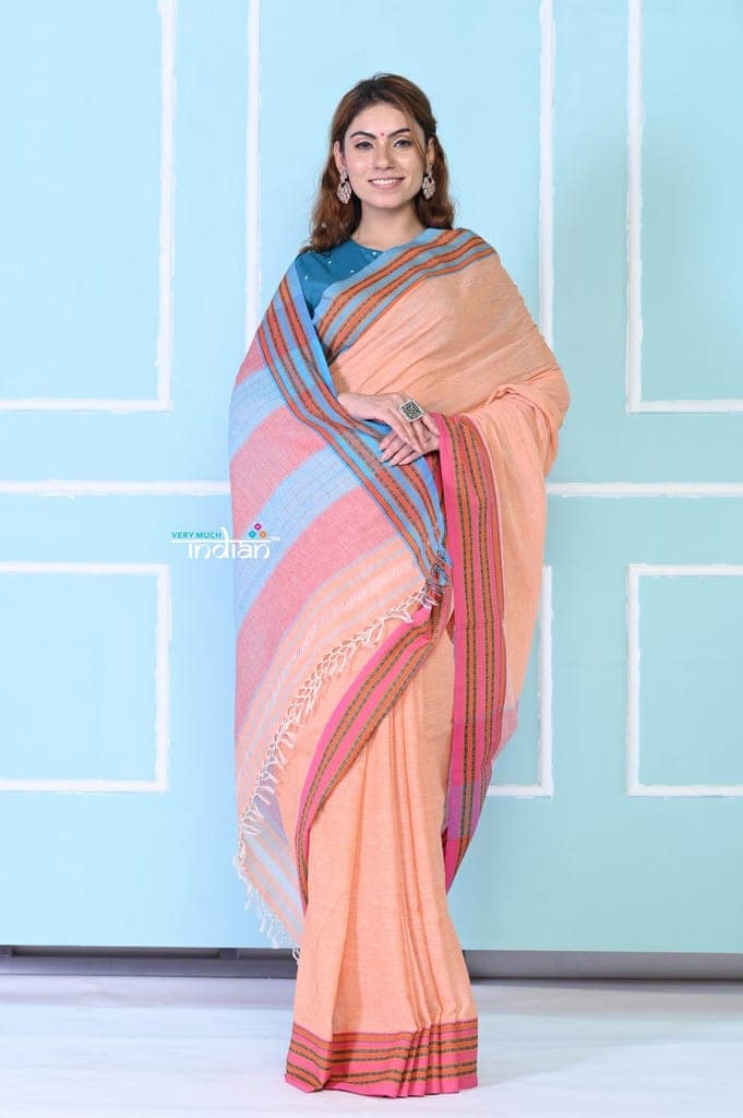 Traditional Patteda Anchu Ilkal Handloom Saree~ Peach Tone view 4