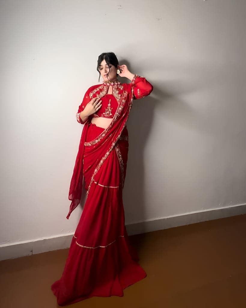 Red Purple Indian Wedding Party Lehenga Saree Ready To Wear With Stitched Blouse Readymade view 2