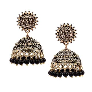 "Stunning Oxidized Gold Plated Chandbali Earrings with Black Beads for Women"
