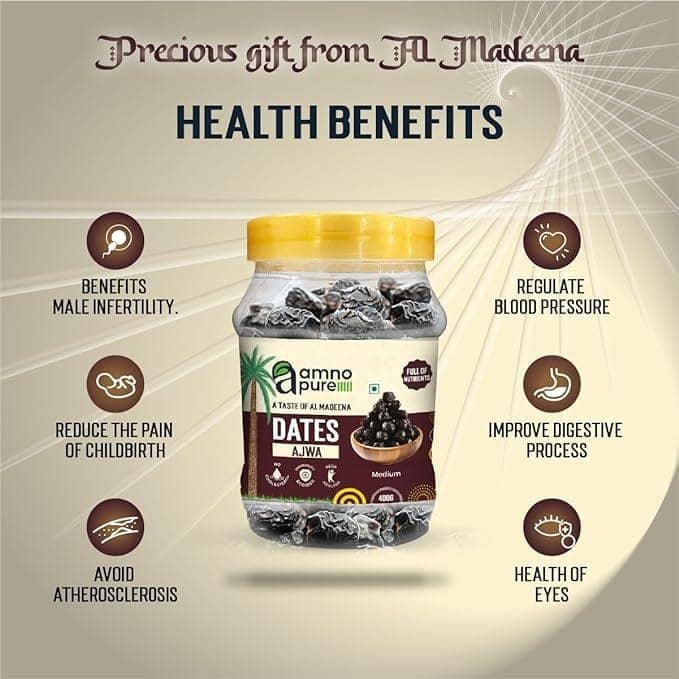 Amno Pure Ajwa Dates 400g Khajoor | Khejur | Medium Size | Healthy Nutrious Dry Snack | All Natural view 3